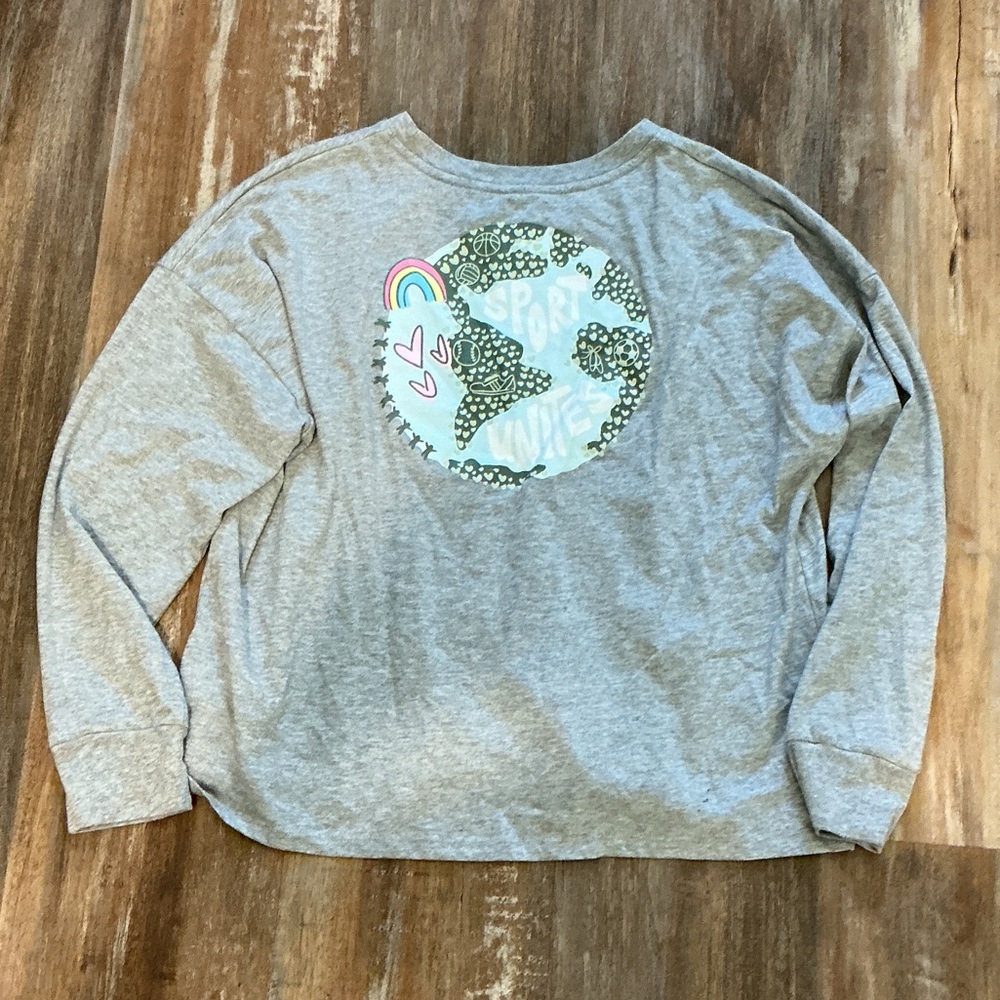 adidas Kids Gray Long Sleeve Tee with Earth and Rainbow Graphic
